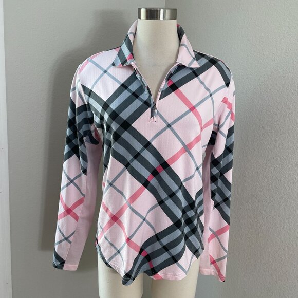 SanSoleil Womens Medium Pink Plaid Long Sleeve Zip Polo Shirt UPF 50+ Golf Top - Picture 1 of 10